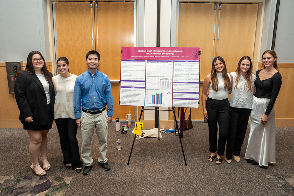 Group of  JMU Health Professions students presenting the Best Presentation research poster on the Effects of Greek Membership on Alcohol Abuse, Social Behavior, and Earnings during the May 2025 symposium.