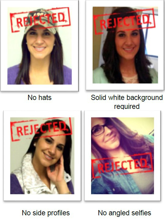 Photos with rejection stamps highlighting inappropriate selfie guidelines: no hats, solid background, no side profiles, and no angled selfies.