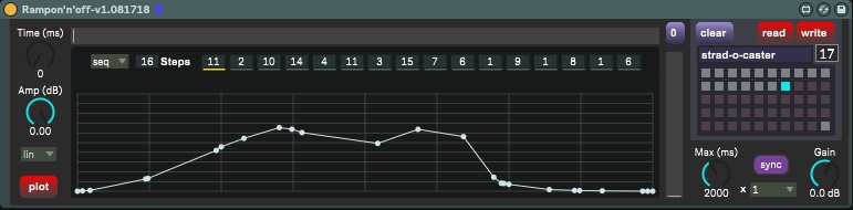 Example 2 of an audio device for Max for Live that can impose a complex, individually designed amplitude envelope on any incoming material, along with pattern sequencing and speed/sync options.