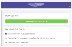 Screenshot of a study sign-up interface displaying options to view available studies and manage study appointments and credits.