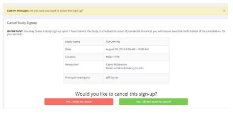Screenshot of a study sign-up cancellation interface, displaying study details and confirmation options.