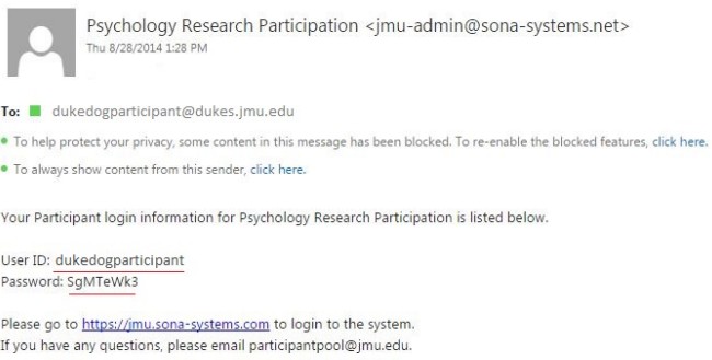 Email containing login information for Psychology Research Participation, including a User ID and password.