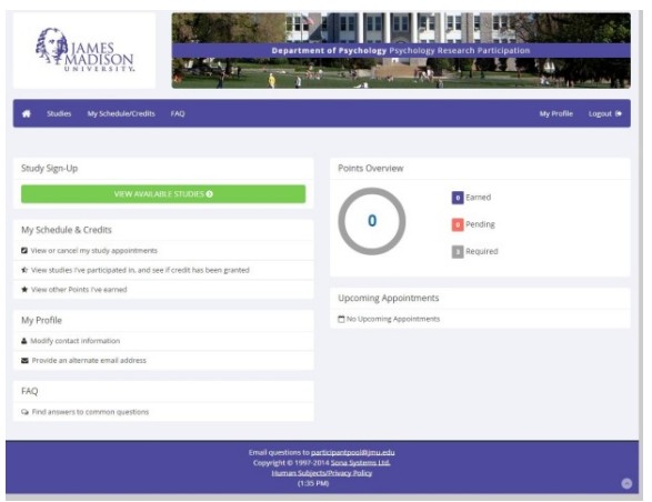 Screenshot of the James Madison University psychology research participation portal, displaying sections for study sign-up, points overview, and upcoming appointments.