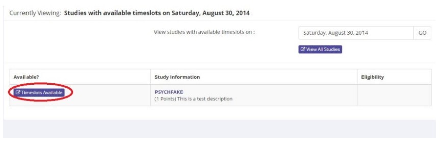 Screenshot showing available timeslots for studies on August 30, 2014, highlighting the "Timeslots Available" indicator.
