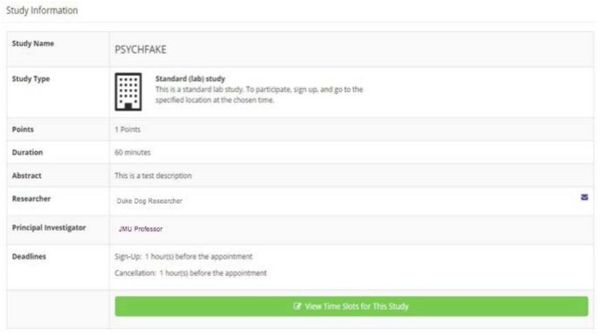 Alt text: Study information panel for a psychology study titled "PSYCHFAKE," detailing its duration, points, researcher, and sign-up deadlines.
