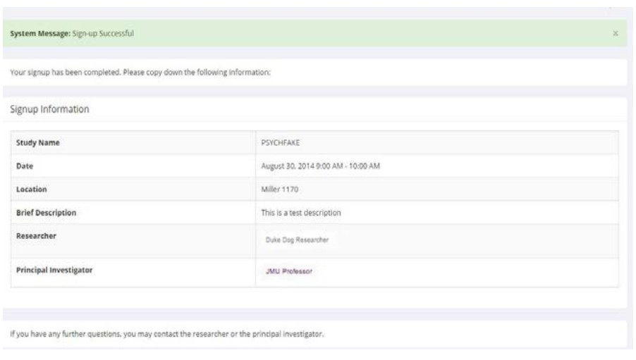 Signup confirmation for a research study, detailing the study name, date, location, and contact information for the researcher and principal investigator.