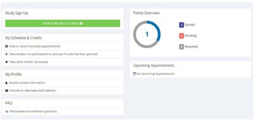 Screenshot of a user interface displaying a study sign-up section, points overview, and profile management options.