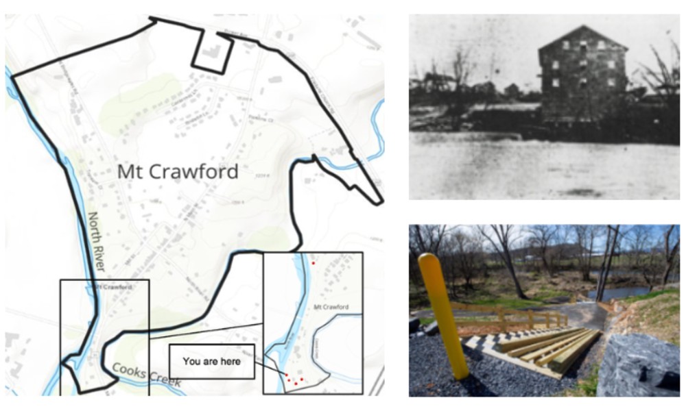 Mount Crawford Virginia map, old building, and proposed river walk