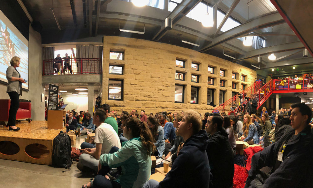 Students listening to presentation by Google Executive