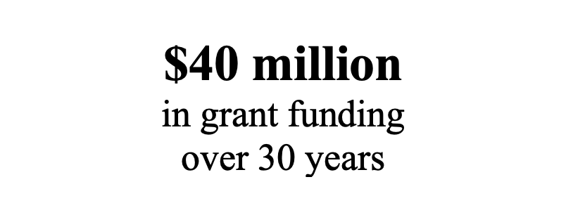 text reading "$40 million in grant funding over 30 years"
