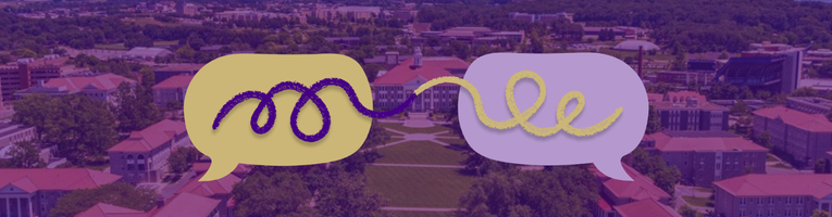 Background of arial shot of JMU quad and the better conversations together speech bubbles