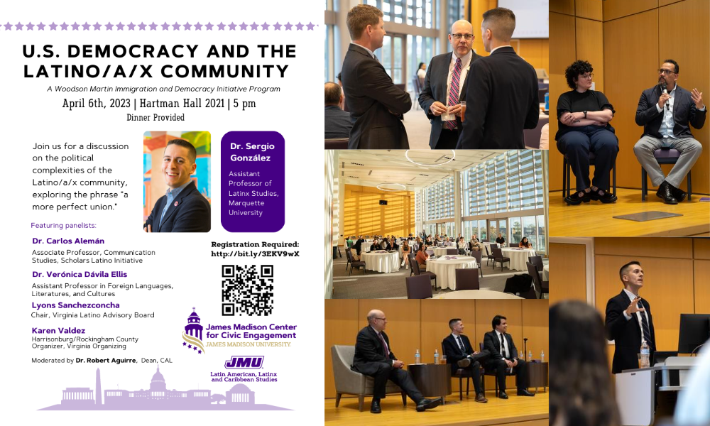 US Democracy and the Latino/a/x Community, April 2023 poster and photo collage