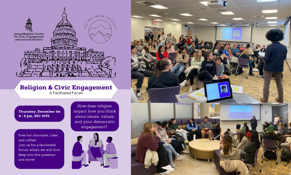 religion and civic engagement, december 1st event poster and photo collage