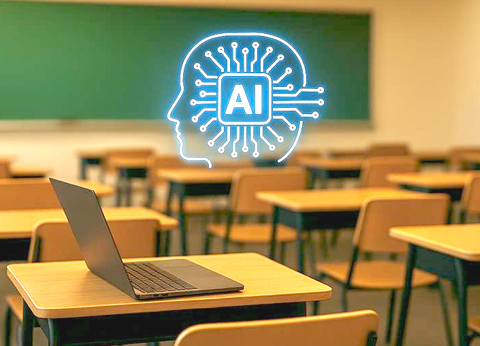 A classroom setting featuring a laptop in front of empty desks, with an illustration of a human head and AI circuitry above.
