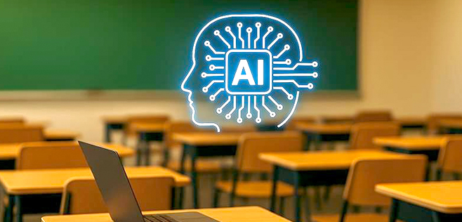 Illustration of a classroom setting with a computer in the foreground and a glowing AI brain graphic superimposed on a chalkboard.
