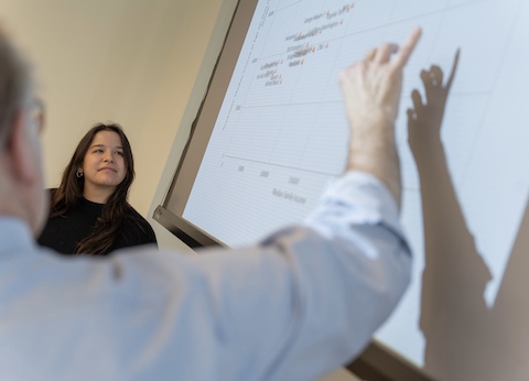 A person pointing at a graph displayed on a screen while another individual looks on attentively during a presentation.