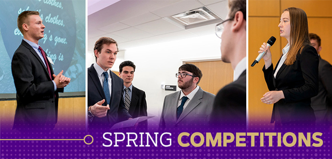 Students in business attire speaking and presenting during spring competitions.