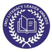 Literacy Leader Award badge, purple background with white book and laurel wreath
