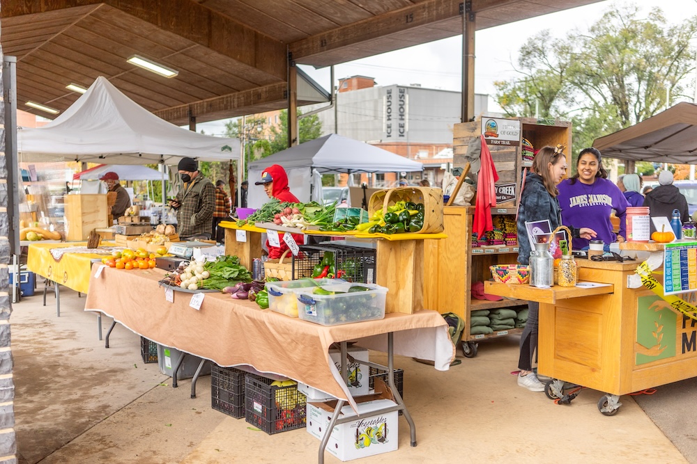 A photo of people enjoying the harrisonburg farmer's market.