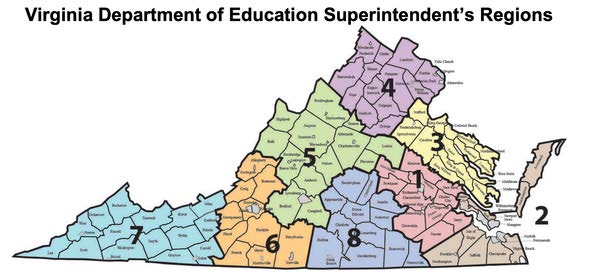 Map of the Virginia Department of Education Superintendent's Regions