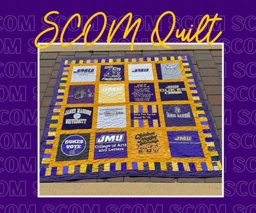 A purple and gold t-shirt quilt laid out on brick. Text reads SCOM Quilt Enter to Win SCOM alumni only, form link in bio