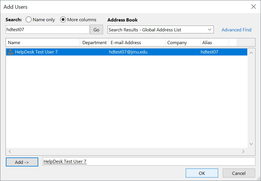 Granting Delegate Access to Mailbox Screenshot