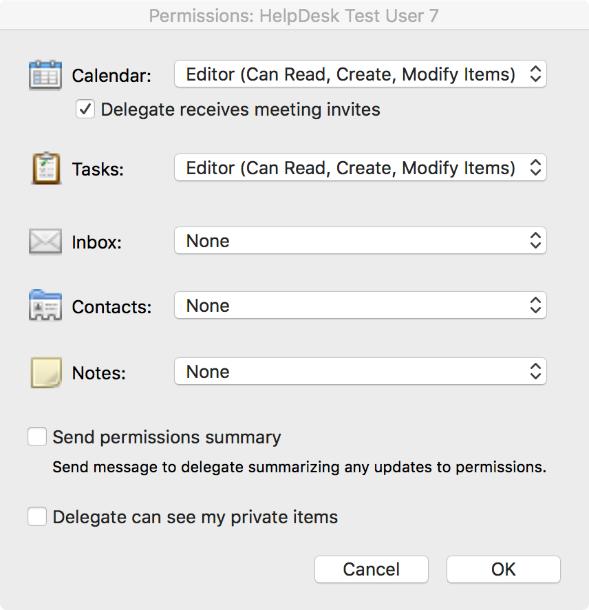 Granting Delegate Access to Mailbox Screenshot
