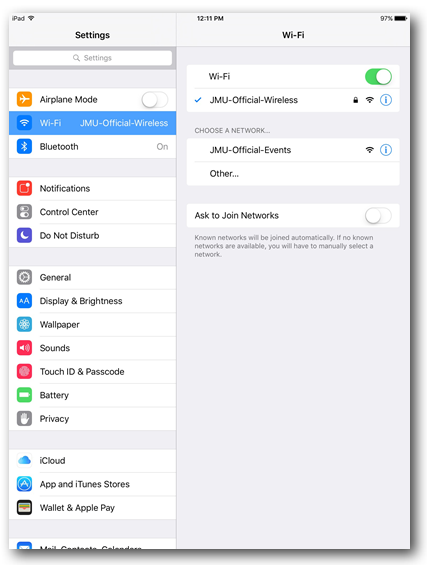 Checkmark beside JMU-Official-Wireless