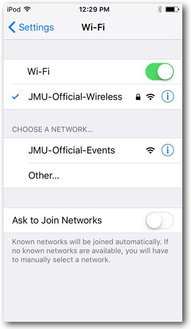 Circled i next to JMU-Official-Wireless