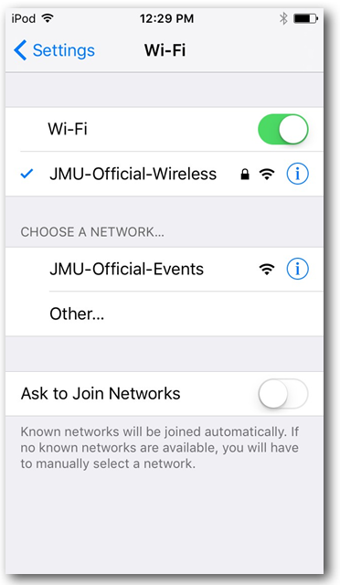 Wi-Fi with JMU-Official-Wireless checked