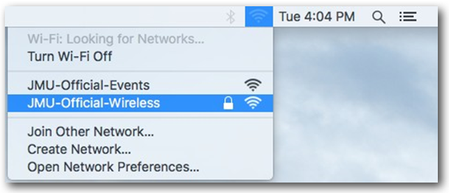Wi-Fi Menu with JMU-Official-Wireless selected