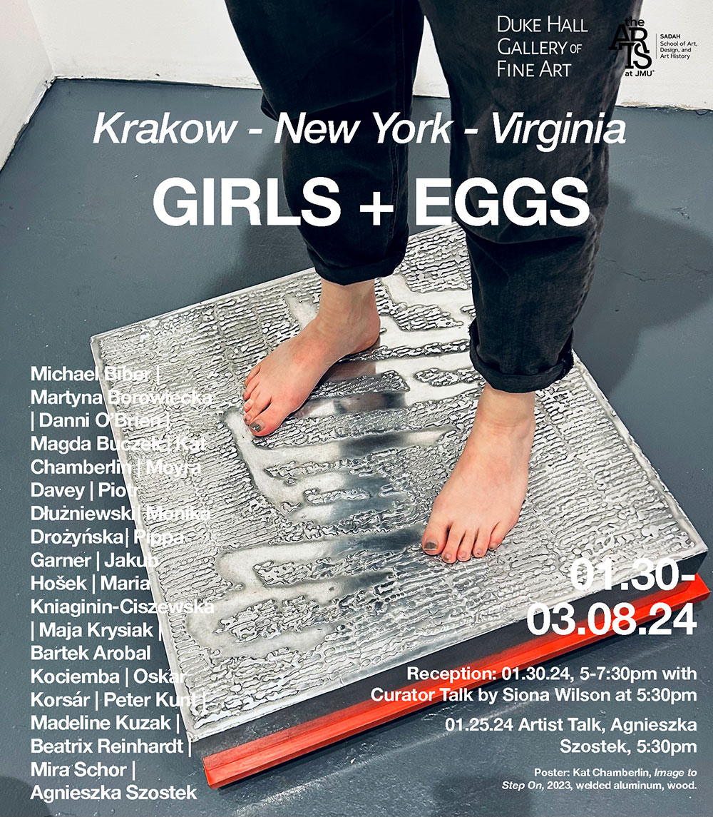 girls + eggs flyer shows someone standing on a metal cube