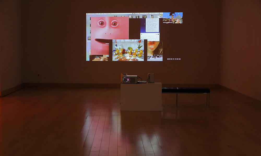 A projected image of a desktop screen with several windows open, including images of faces, text messages, and flowers.