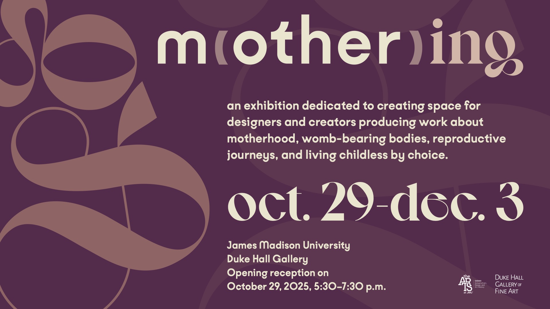 Purple background with white text reading m(other)ing. Exhibition is open October 29-December 3, 2025. 