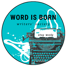 A typewriter on a blue background with a messy white line. Text reads Word is Born Writers' Society, stay wordy.