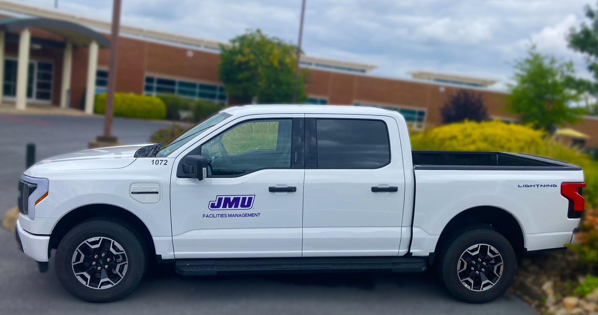 JMU Facilities Management Ford F-150 Lightning truck; an all-electric vehicle.