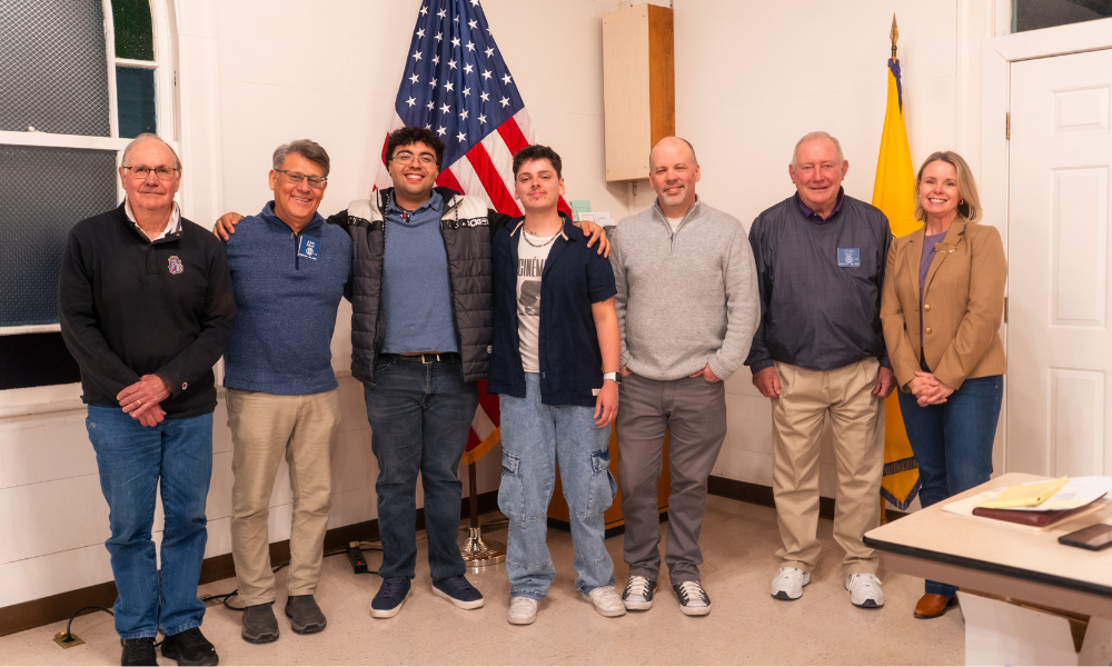 From left, Ruritans Bob Scott and John Cuellar; JMU’s Abraham Aponte, Jeremy Hammer and Shaun Mooney; Ruritan Dean Boese and JMU’s Maureen Witmer