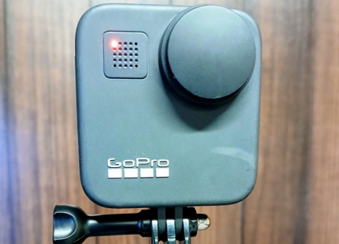A GoPro Max 360 camera mounted to a tripod