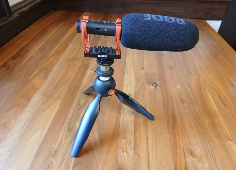 Rode shotgun microphone on a tripod