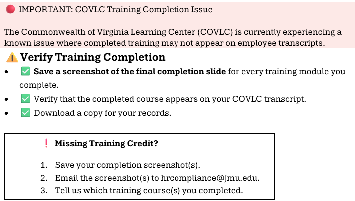 COVLC Training Completion Directions