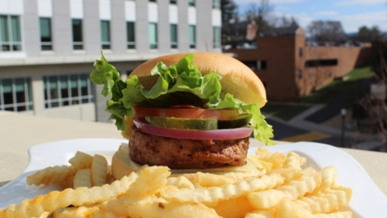 Veggie burger with lettuce, tomato, pickles, and red onion served with crinkle-cut fries on a plate outdoors.