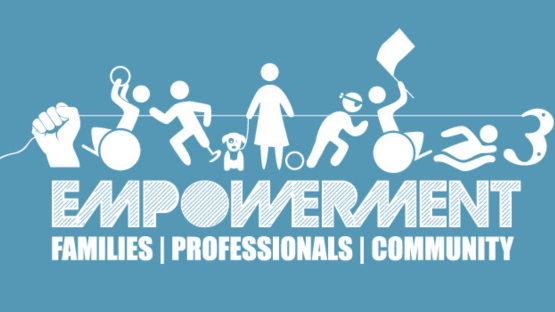 Empowerment banner with icons of people with disabilities and allies above the text “EMPOWERMENT” and “FAMILIES | PROFESSIONALS | COMMUNITY.”