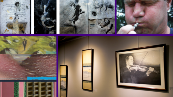 Collage showing a gallery wall with framed artworks, including a black-and-white portrait of a violinist and smaller images of paintings and a close-up of a man lighting a cigarette.