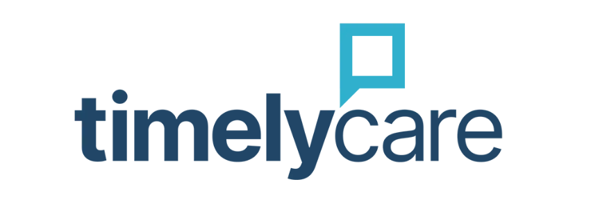 TimelyCare logo with the word “timelycare” in dark blue and a teal chat bubble icon above the letters.