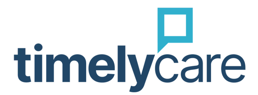 TimelyCare logo with the wordmark in dark blue and a teal speech-bubble icon above the letters near the end.
