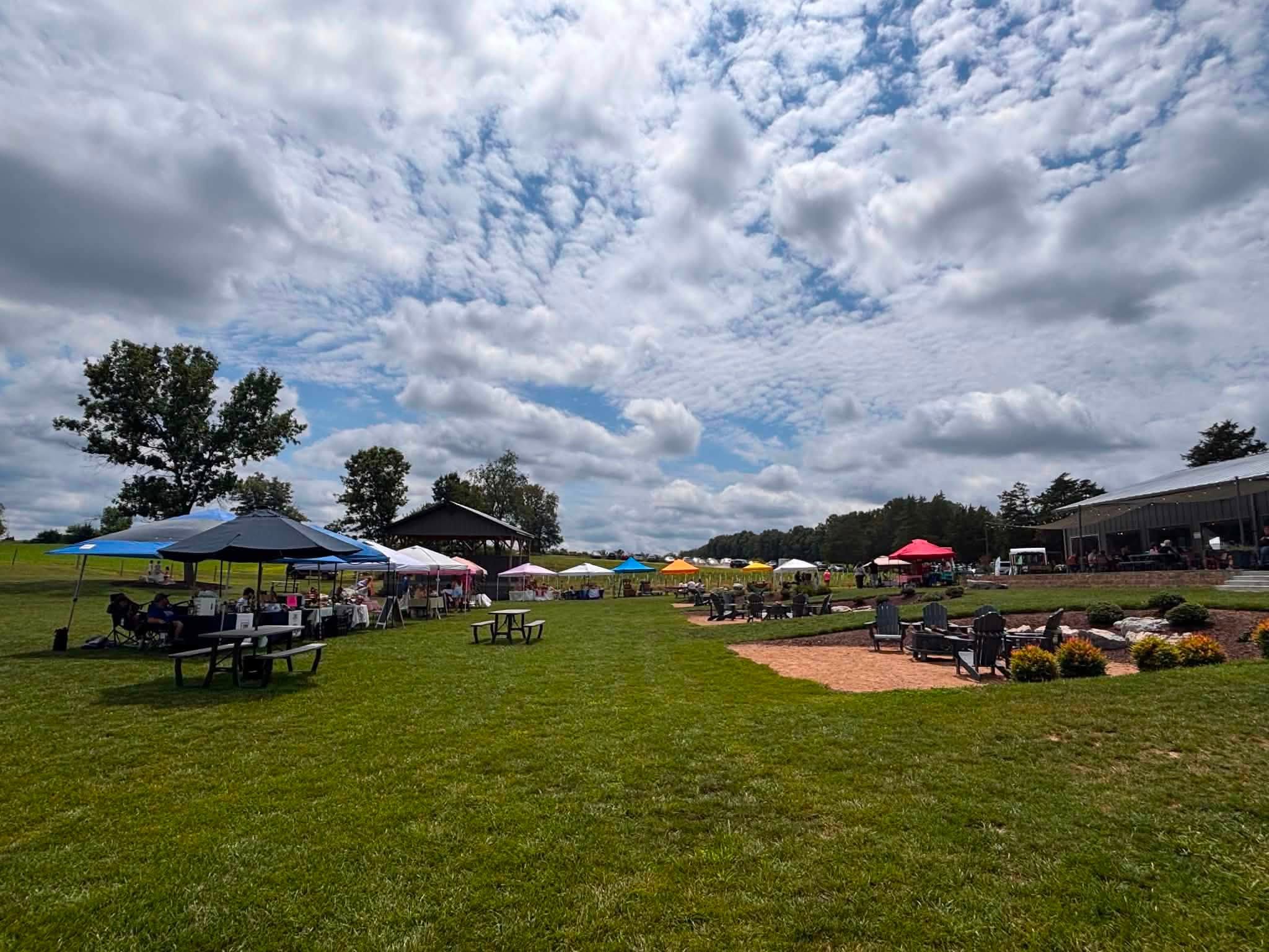 Outdoor market on a grassy field with colorful pop-up tents and picnic tables under a dramatic, cloud-filled sky.