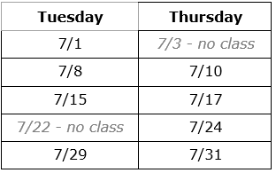 July Faculty & Staff Yoga Classes. Tuesday: 7/1, 7/8, 7/15, 7/22 - no class, 7/29. Thursday: 7/3 - no class, 7/10, 7/17, 7/24, 7/31