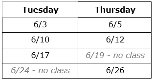 June Faculty & Staff Yoga Classes. Tuesday: 6/3, 6/10, 6/17, 6/24 - no class. Thursday: 6/5, 6/12, 6/19 - no class, 6/26