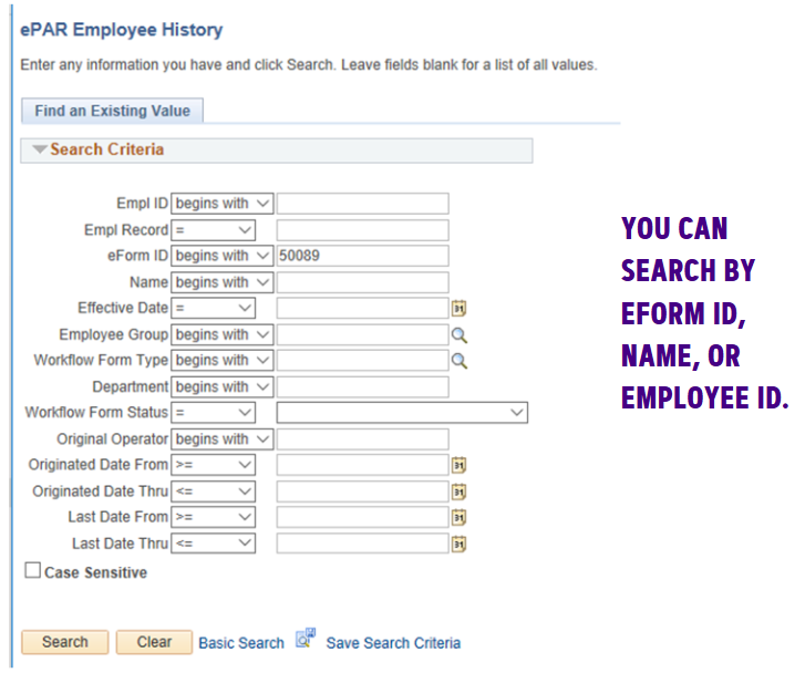 You can search by eFORM ID, name, or Employee ID.