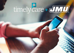 Logo combination of TimelyCare and James Madison University, with a person using a smartphone in the foreground.